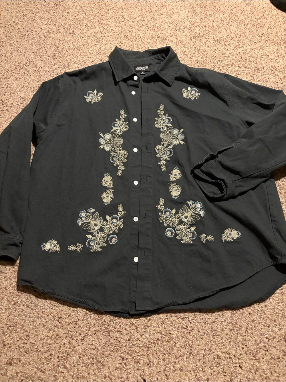 Embroidered Black Men's Button-Up Shirt